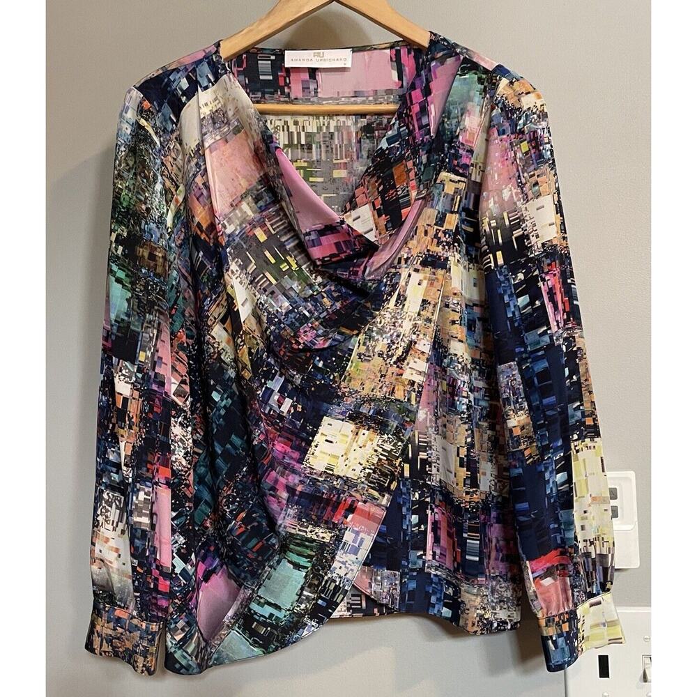 Amanda Uprichard Top Silk VNeck Long Sleeve Abstract Print USA Made Medium‎